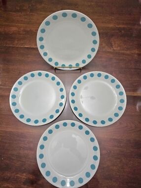 Corelle "SOUTH BEACH" 10 ¼” Dinner Plates Turquoise Dots Dashes Rim Set Of 4 EUC